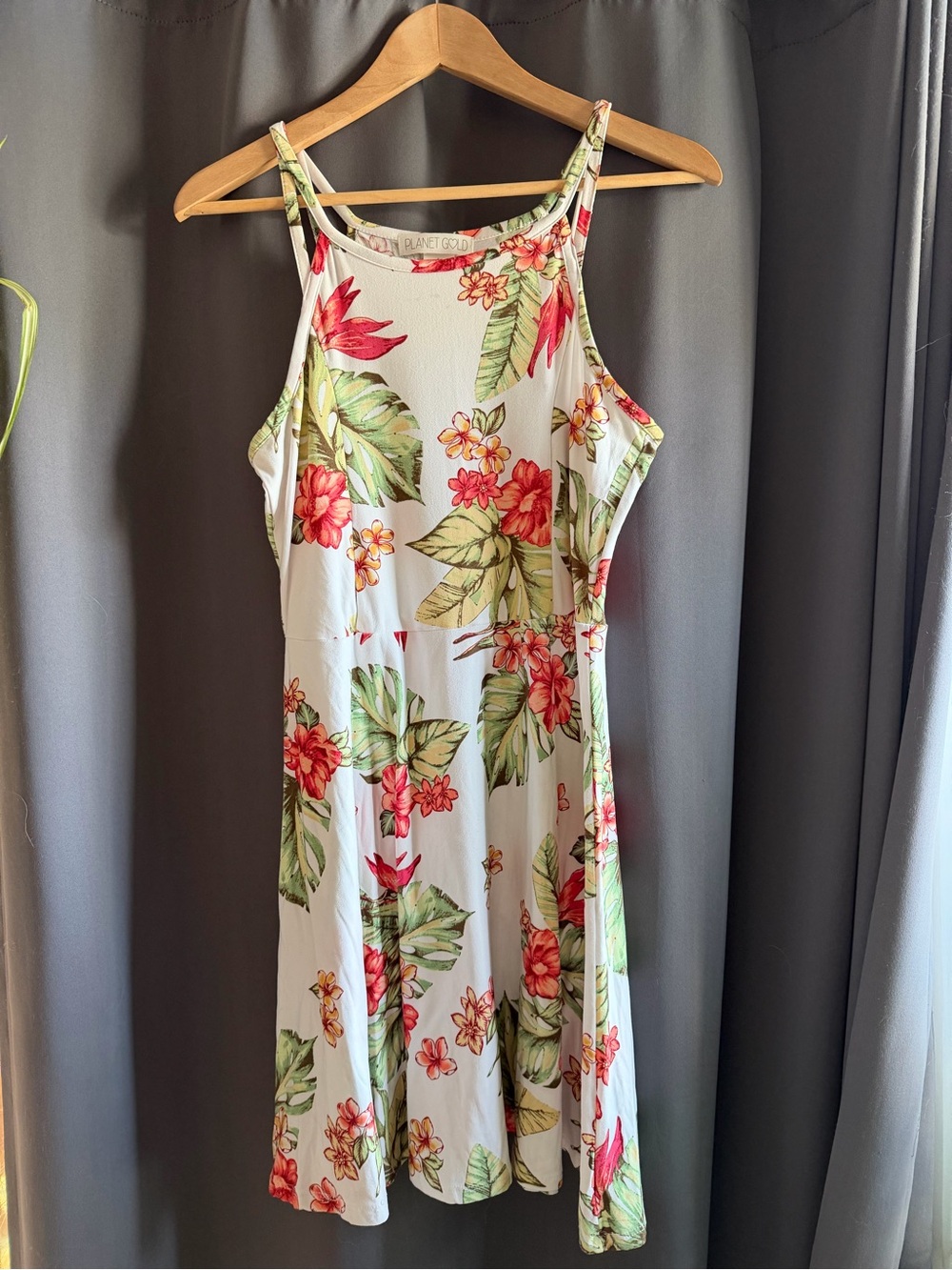 Planet Gold Cream Halter Dress with Red and Green Floral Print